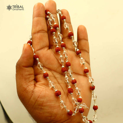 Tribal Ornaments Rudraksha and Sphatik beads Navkar Jaap Mala necklace, 925 silver chanting prayer necklace with 54 or 108 beads.