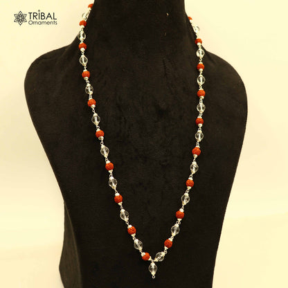 Tribal Ornaments Rudraksha and Sphatik beads Navkar Jaap mala necklace, 925 solid silver chanting necklace with 54 or 108 beads