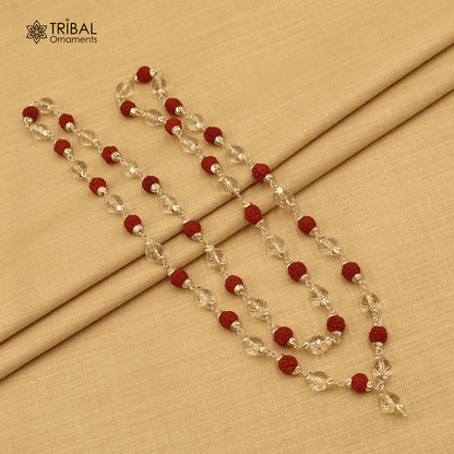 Tribal Ornaments Navkar Jaap mala with 54 or 108 Rudraksha and Sphatik beads on a 925 solid silver chanting necklace.
