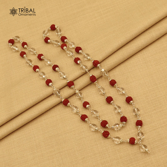 54 / 108 beads Rudraksha and  Sphatik beads navkar jaap mala 925 solid silver chanting necklace ch614 - TRIBAL ORNAMENTS