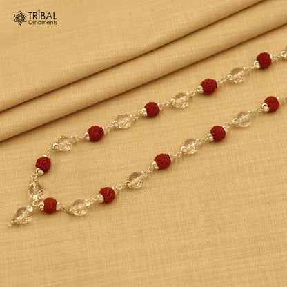 Tribal Ornaments Rudraksha and Sphatik beads Navkar Jaap Mala chanting necklace in 925 solid silver with 54/108 beads.