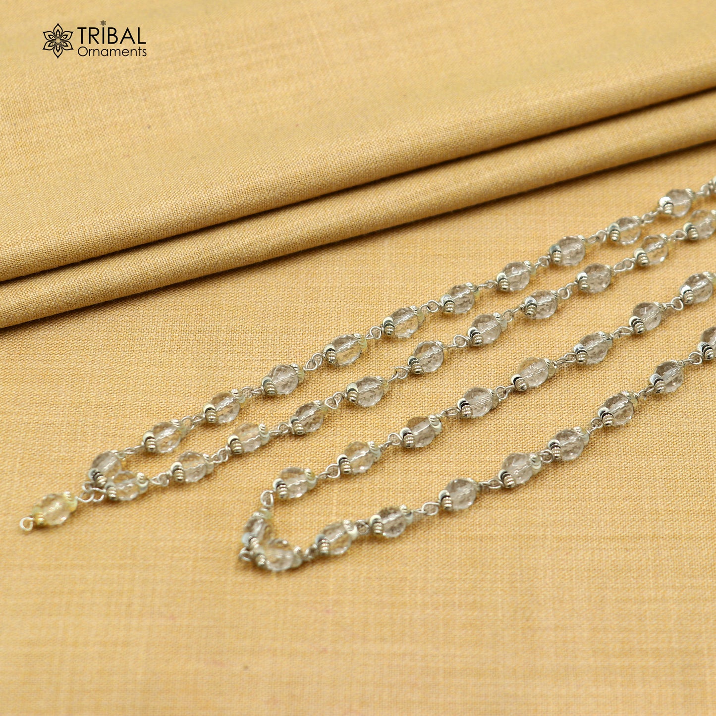 Tribal Ornaments 54/108 beads Sphatik beads mala Navkar Jaap chanting necklace in 925 solid silver, detailed beaded design.