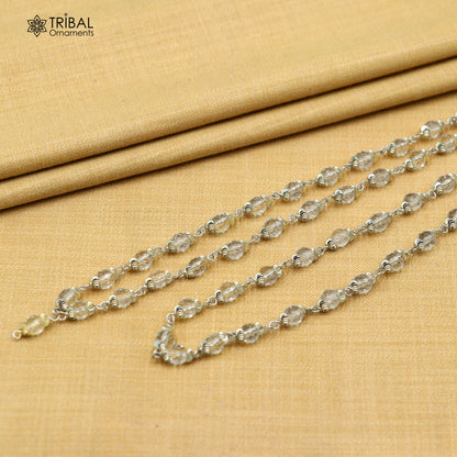 Tribal Ornaments 54/108 beads Sphatik beads mala Navkar Jaap chanting necklace in 925 solid silver, detailed beaded design.