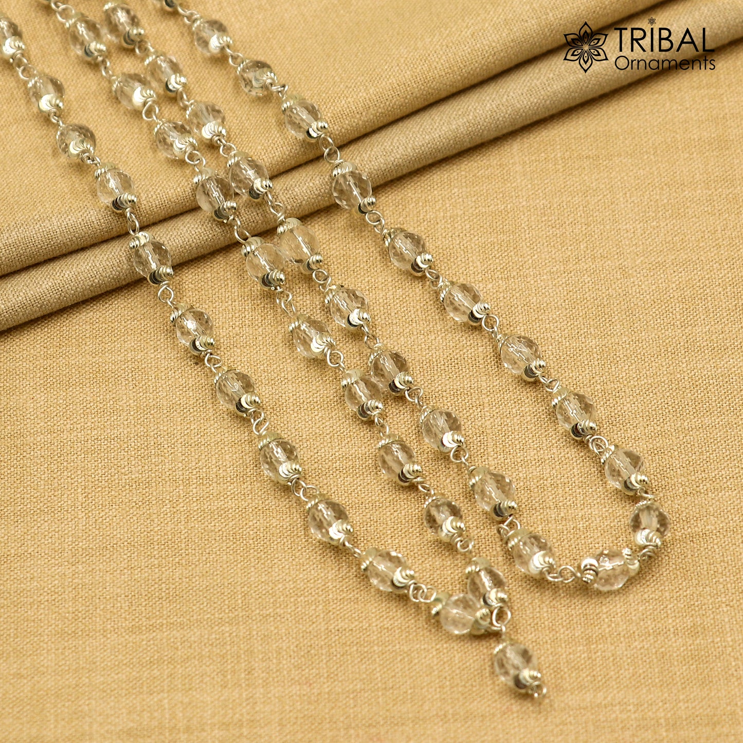 Silver Sphatik beads mala with 54/108 beads, Navkar Jaap chanting necklace, 925 solid silver from Tribal Ornaments.