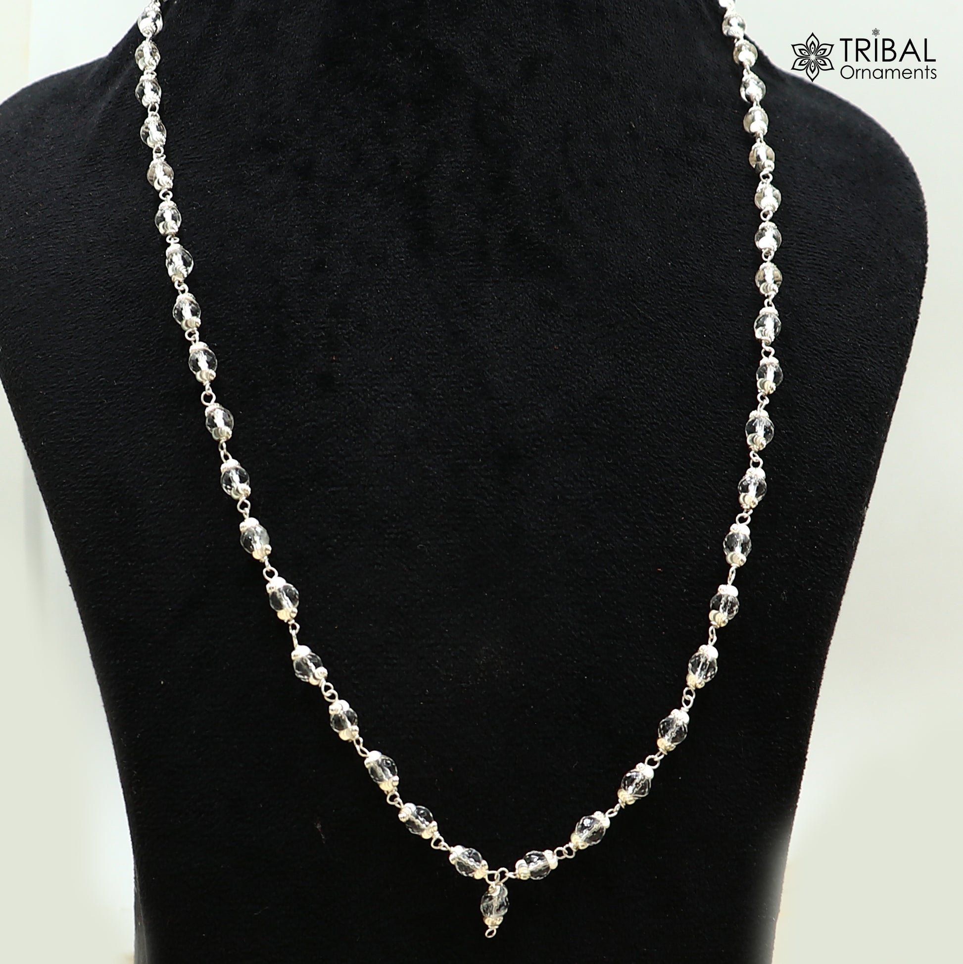 Tribal Ornaments 54/108 beads Sphatik mala Navkar Jaap chanting necklace in 925 solid silver, with detailed bead design.