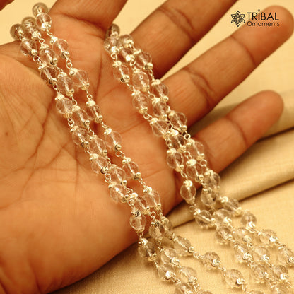 Silver Navkar Jaap mala with 54 or 108 clear sphatik beads, 925 solid silver chanting necklace from Tribal Ornaments