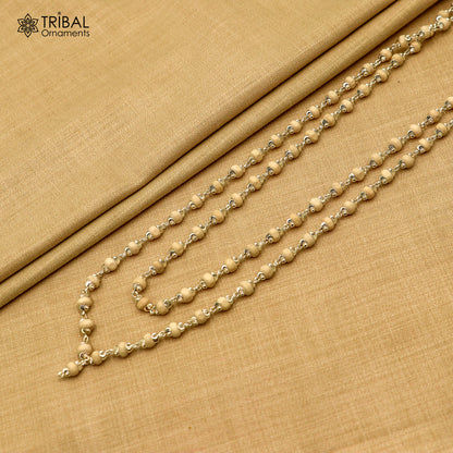 Tribal Ornaments 54-bead Tulsi Mala Navkar Jaap Necklace made of 925 solid silver with intricate bead design and chanting pendant.