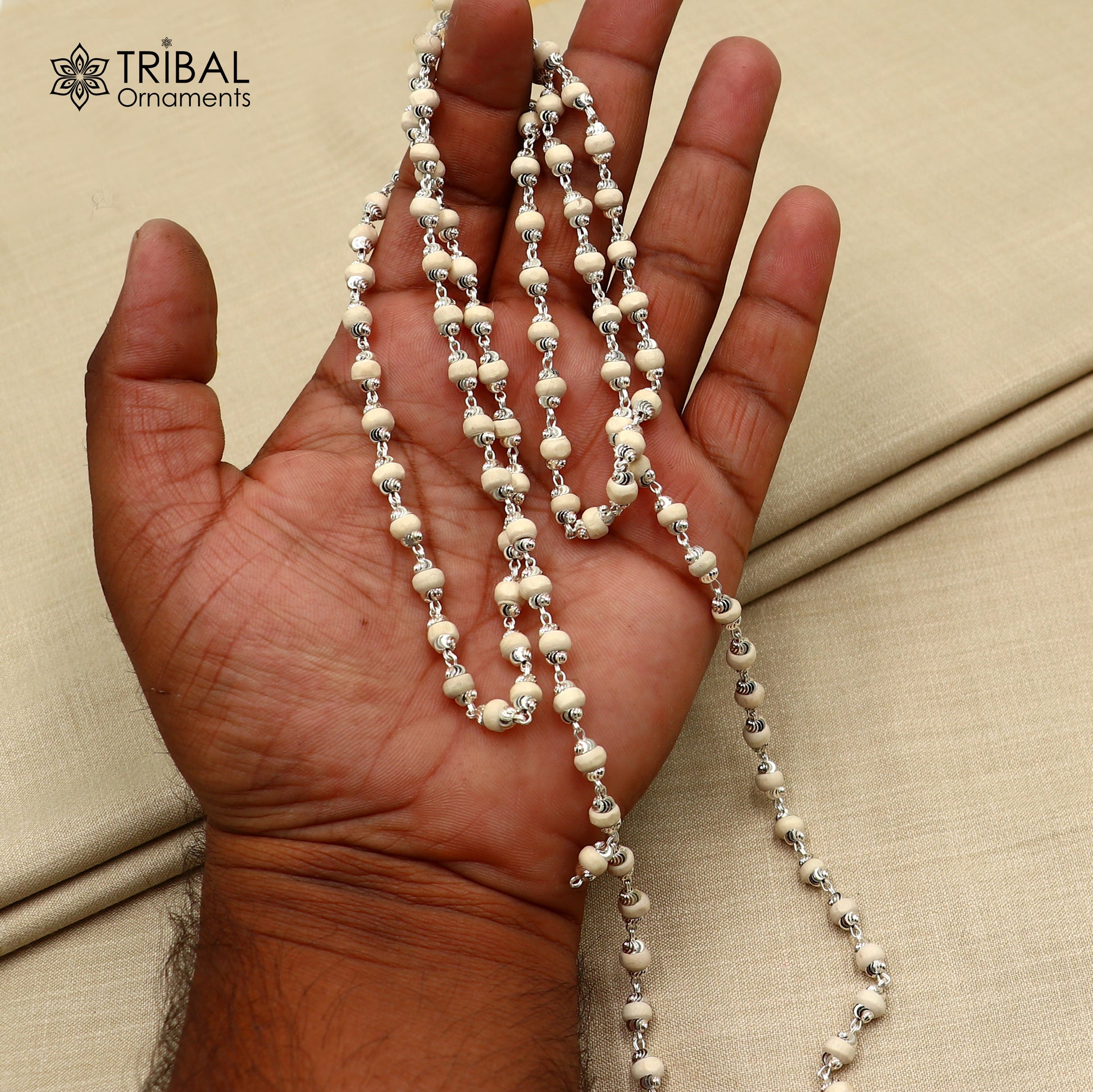 Silver Tulsi Mala with 54 or 108 beads, Navkar Jaap Necklace in 925 solid silver, featuring intricate detailing and traditional design.