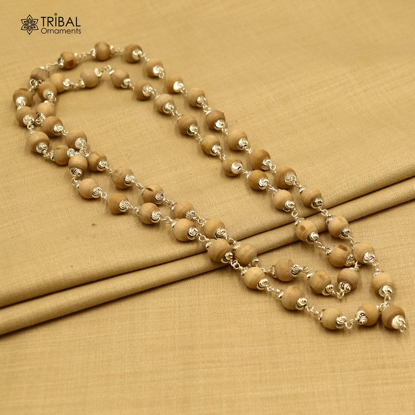 Silver Tulsi mala necklace with 54 or 108 beads, crafted by TRIBAL ORNAMENTS, featuring traditional Navkar Jaap chanting design.