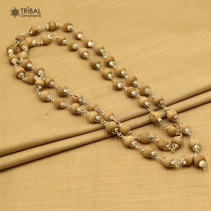 Silver Tulsi mala necklace with 54 or 108 beads, crafted by TRIBAL ORNAMENTS, featuring traditional Navkar Jaap chanting design.