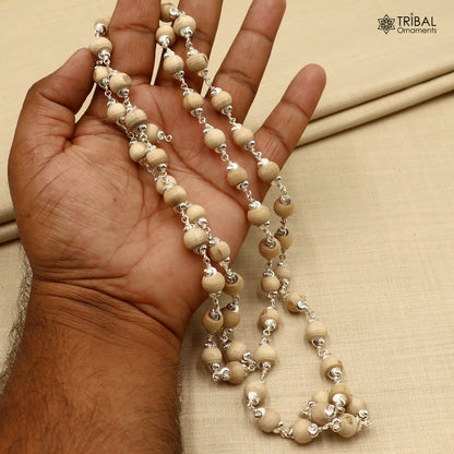 Tribal Ornaments 54-bead Tulsi mala Navkar Jaap chanting necklace made of 925 solid silver with intricate bead design.