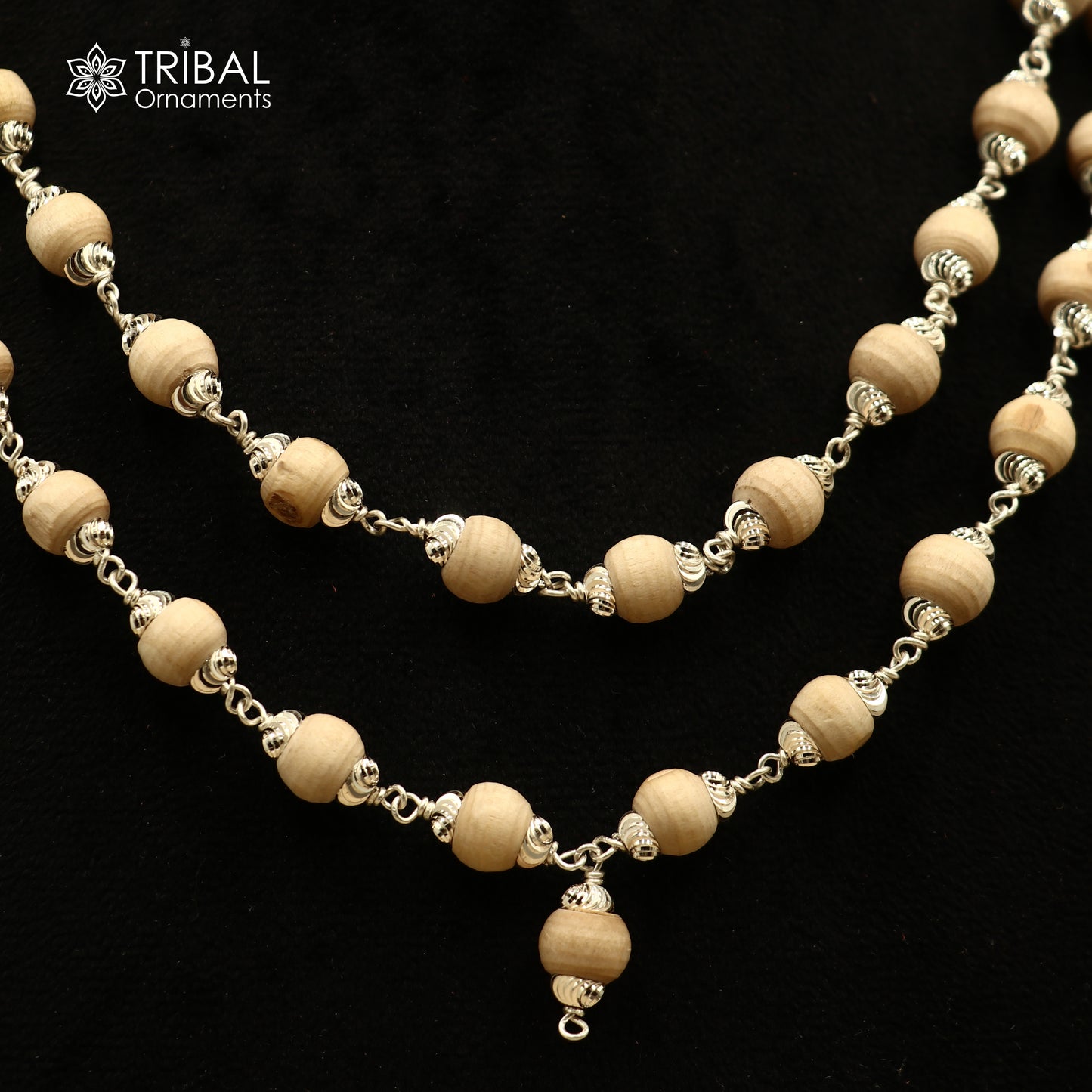 Silver Tulsi mala with 54 or 108 beads, traditional Navkar Jaap chanting necklace crafted from 925 solid silver.