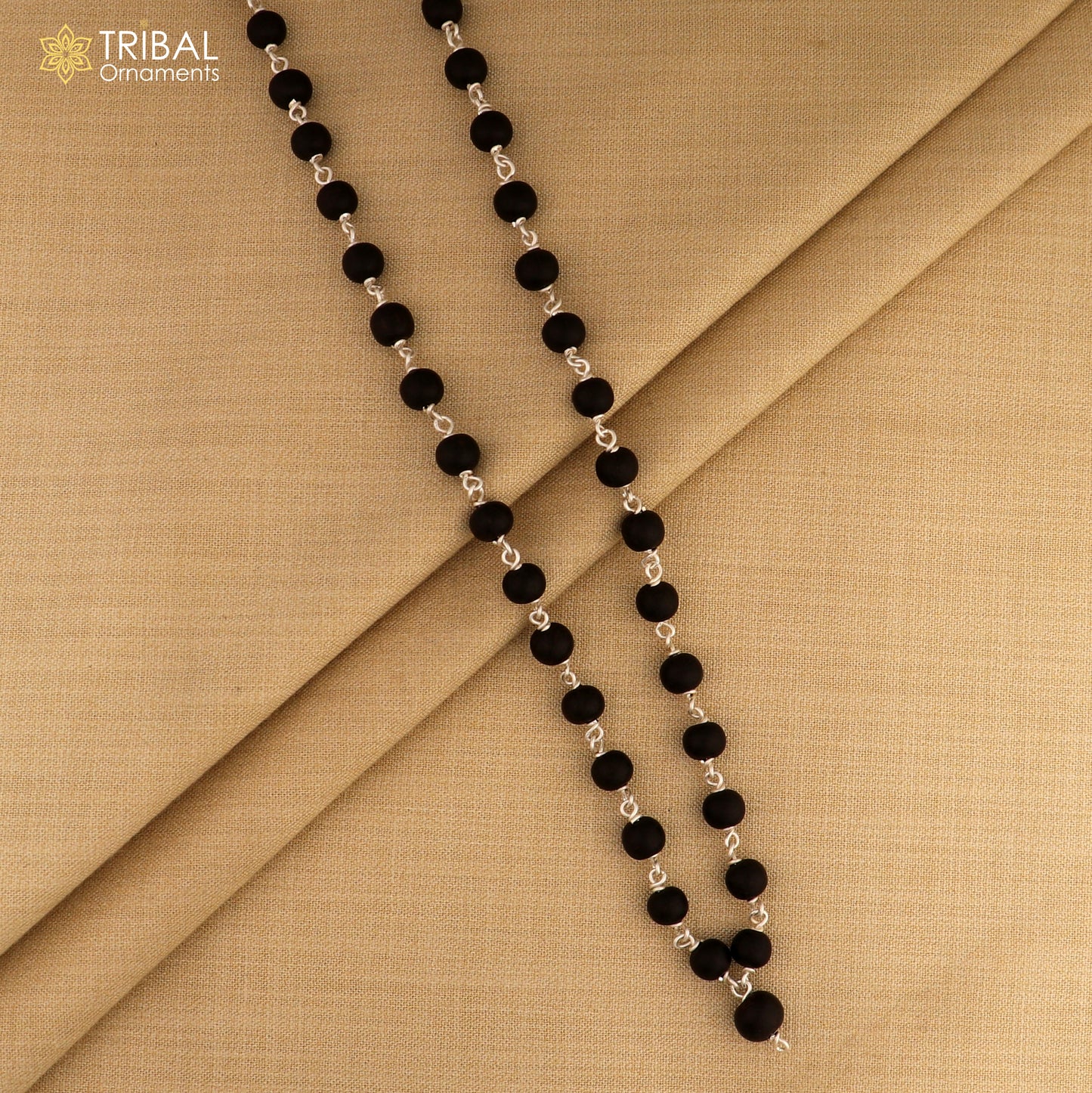 Handmade Karungali round beads mala with 925 solid silver chain necklace by Tribal Ornaments, featuring 54/108 beads design.
