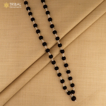 Handmade Karungali round beads mala with 925 solid silver chain necklace by Tribal Ornaments, featuring 54/108 beads design.