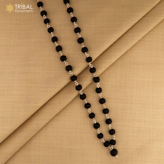 54/108 beads handmade karungali round beads mala 925 solid silver chain necklace ch606 - TRIBAL ORNAMENTS