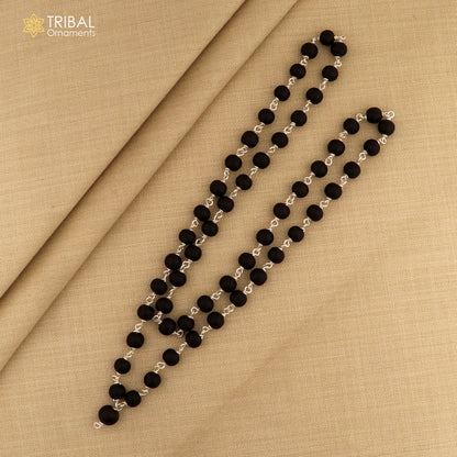 Handmade Karungali round beads mala with 925 silver chain necklace by Tribal Ornaments, featuring 54 or 108 beads for spiritual wear.