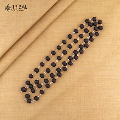 Handmade karungali round beads mala with 54 or 108 beads on a 925 solid silver chain necklace from Tribal Ornaments.