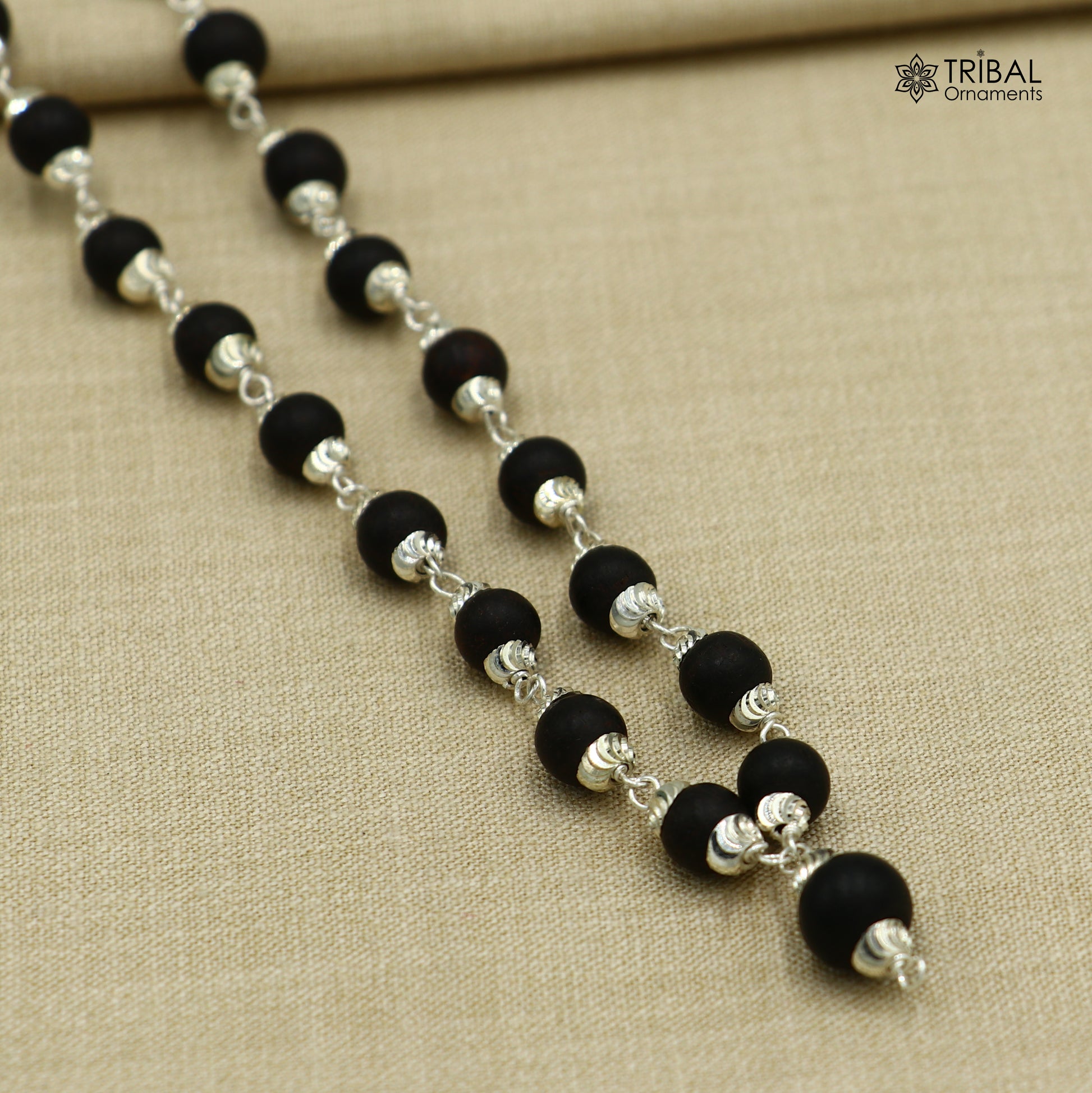 54/108 beads handmade karungali round beads mala 925 solid silver chain necklace ch608 - TRIBAL ORNAMENTS