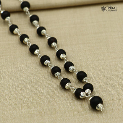 54/108 beads handmade karungali round beads mala 925 solid silver chain necklace ch608 - TRIBAL ORNAMENTS