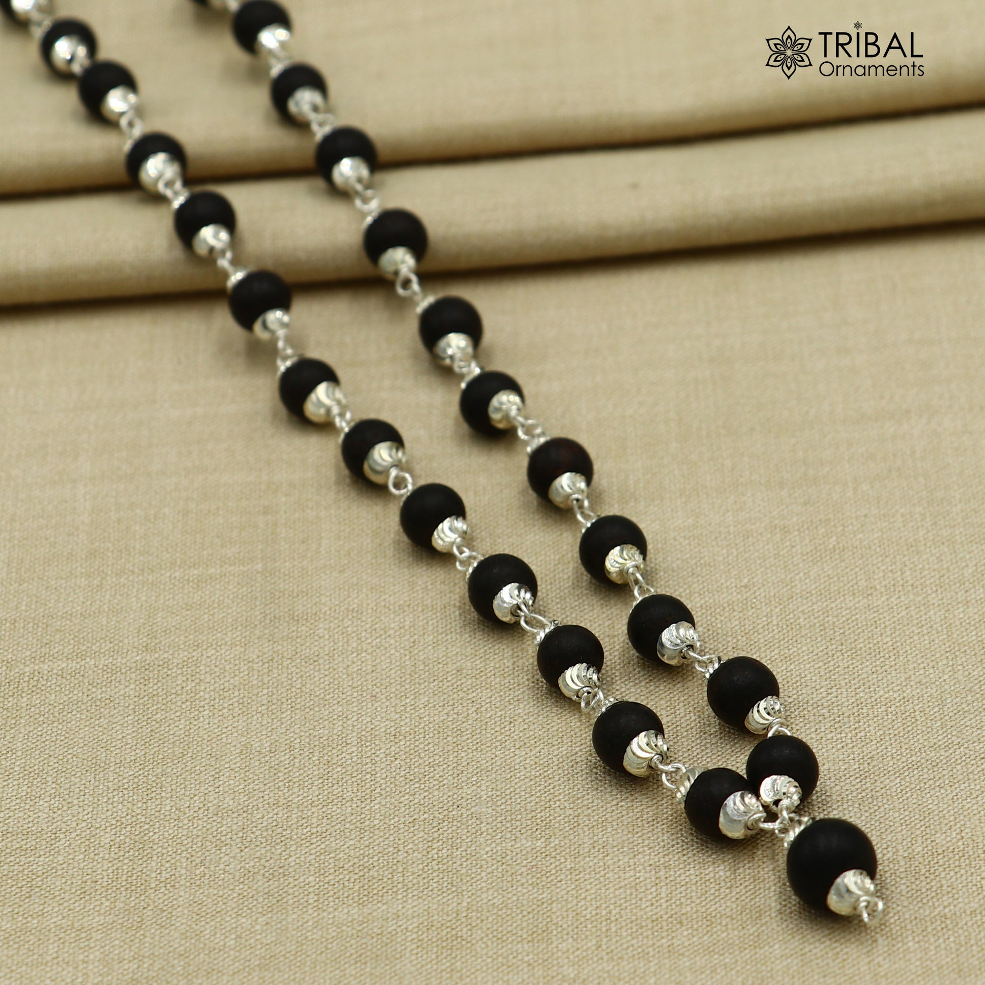 54/108 beads handmade karungali round beads mala 925 solid silver chain necklace ch608 - TRIBAL ORNAMENTS