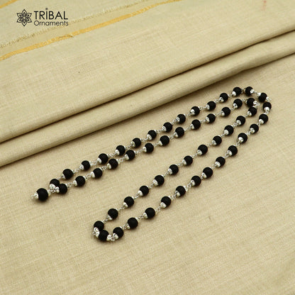 54/108 beads handmade karungali round beads mala 925 solid silver chain necklace ch608 - TRIBAL ORNAMENTS