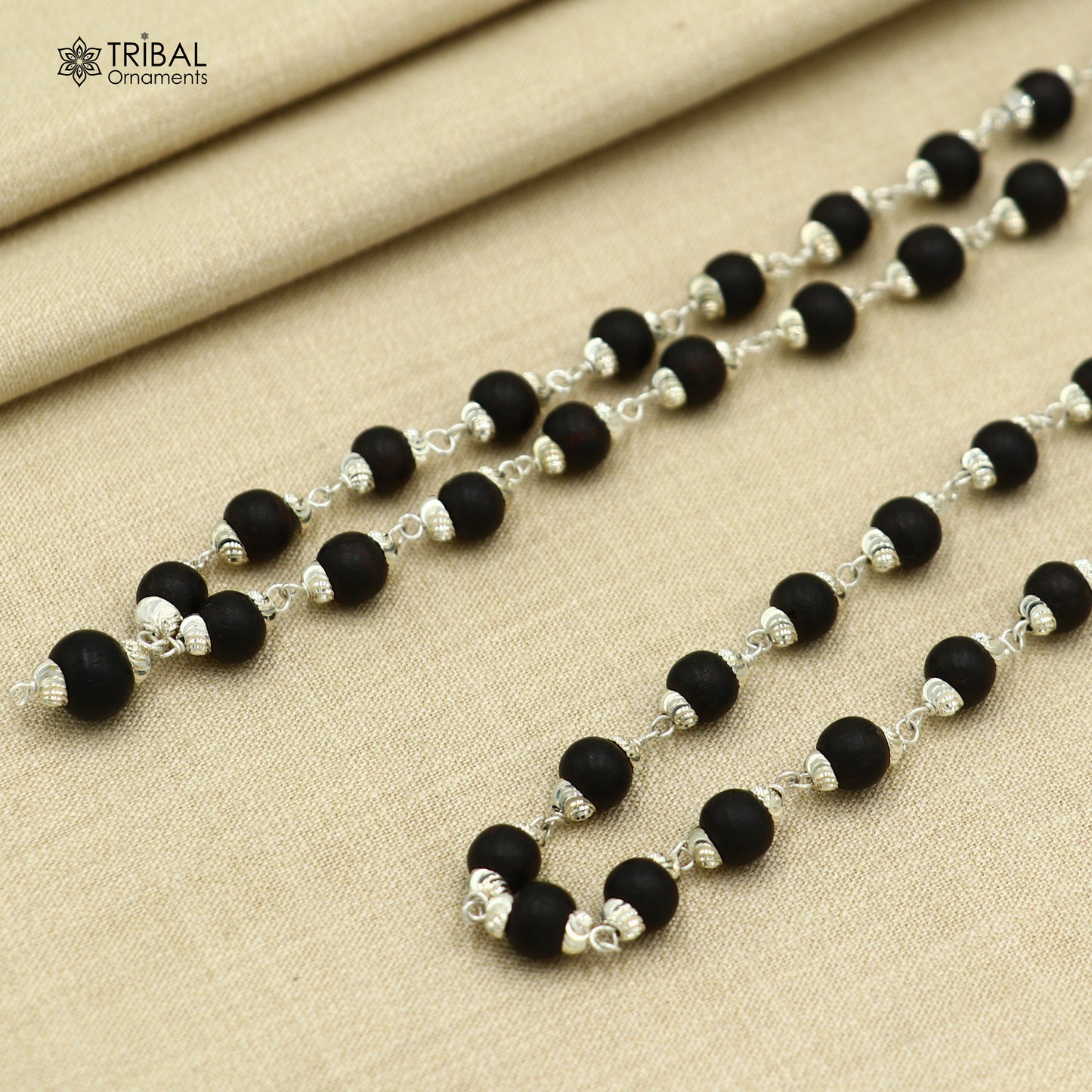 54/108 beads handmade karungali round beads mala 925 solid silver chain necklace ch608 - TRIBAL ORNAMENTS