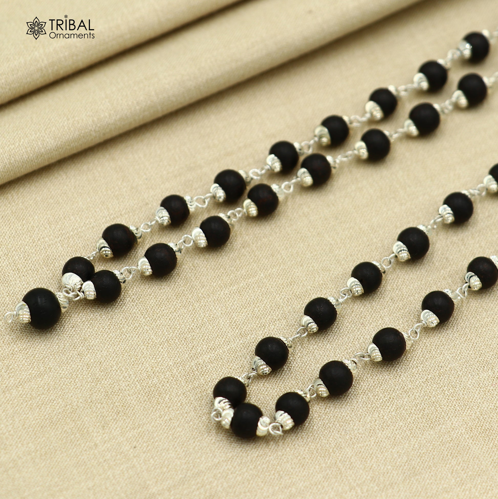 54/108 beads handmade karungali round beads mala 925 solid silver chain necklace ch608 - TRIBAL ORNAMENTS