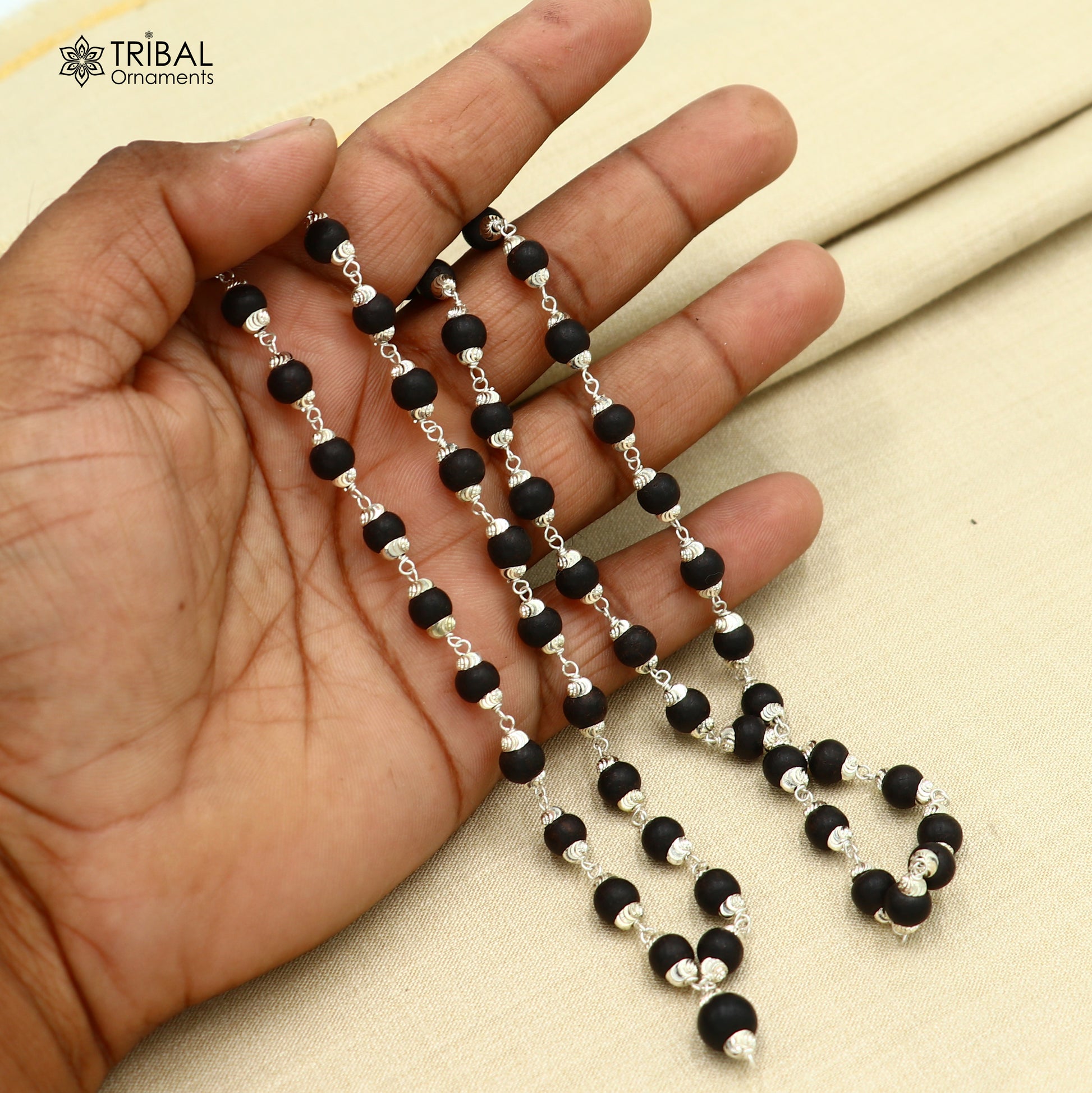 54/108 beads handmade karungali round beads mala 925 solid silver chain necklace ch608 - TRIBAL ORNAMENTS