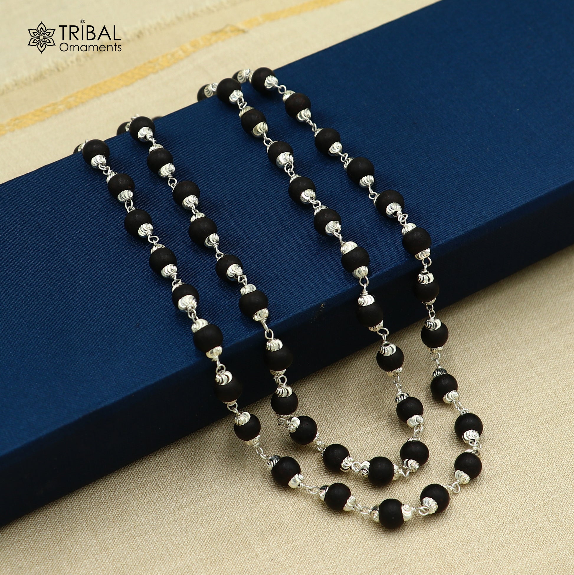 54/108 beads handmade karungali round beads mala 925 solid silver chain necklace ch608 - TRIBAL ORNAMENTS