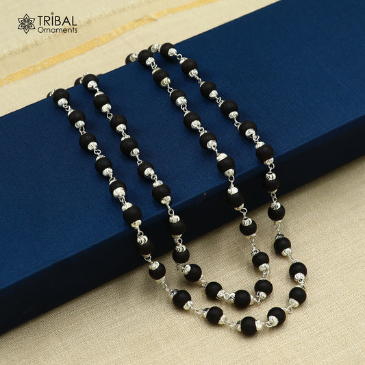 54/108 beads handmade karungali round beads mala 925 solid silver chain necklace ch608 - TRIBAL ORNAMENTS