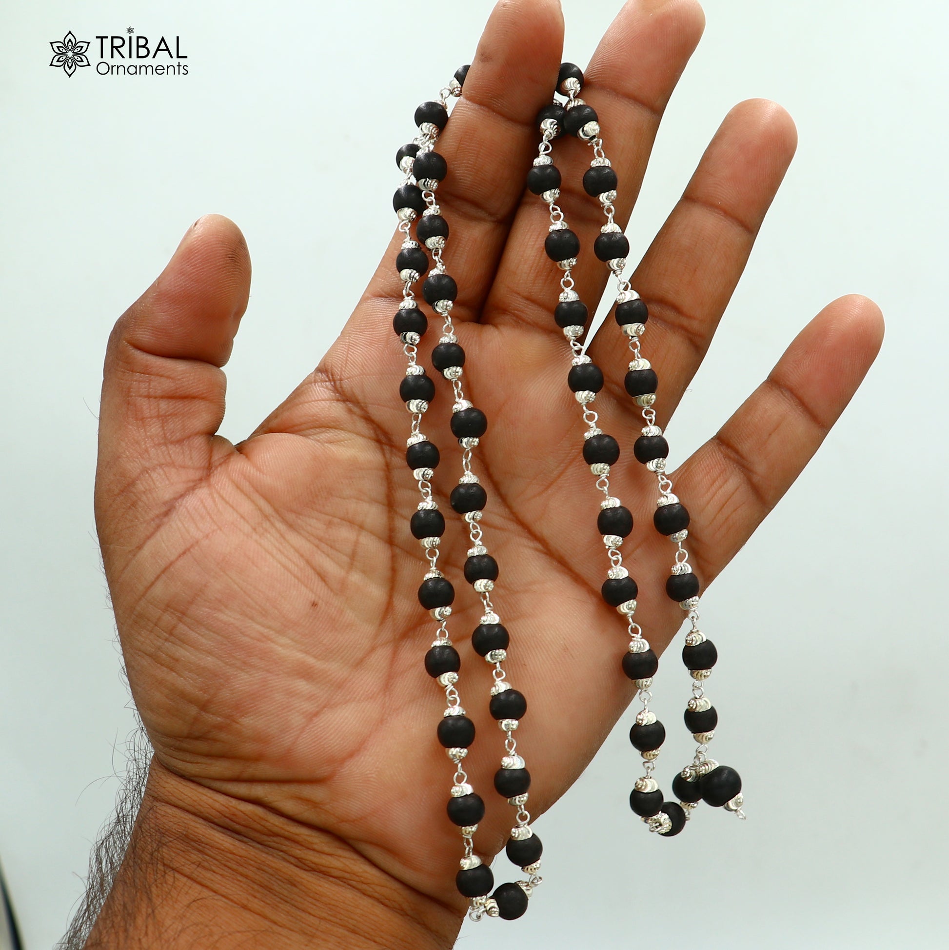 54/108 beads handmade karungali round beads mala 925 solid silver chain necklace ch608 - TRIBAL ORNAMENTS