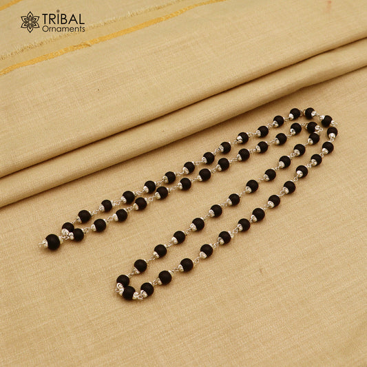 54/108 beads handmade karungali round beads mala 925 solid silver chain necklace ch608 - TRIBAL ORNAMENTS
