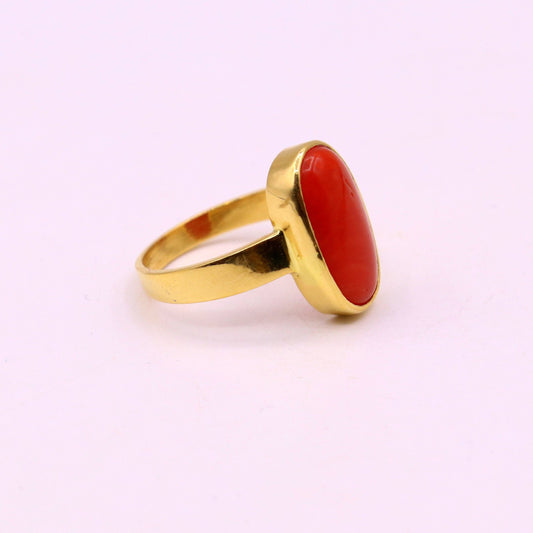 22karat yellow gold handmade real red coral stone unisex ring fabulous band from rajasthan india - TRIBAL ORNAMENTS