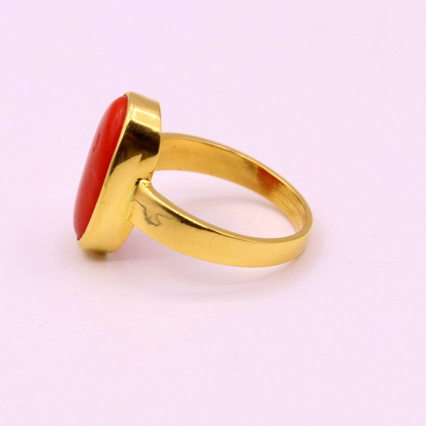 22karat yellow gold handmade real red coral stone unisex ring fabulous band from rajasthan india - TRIBAL ORNAMENTS