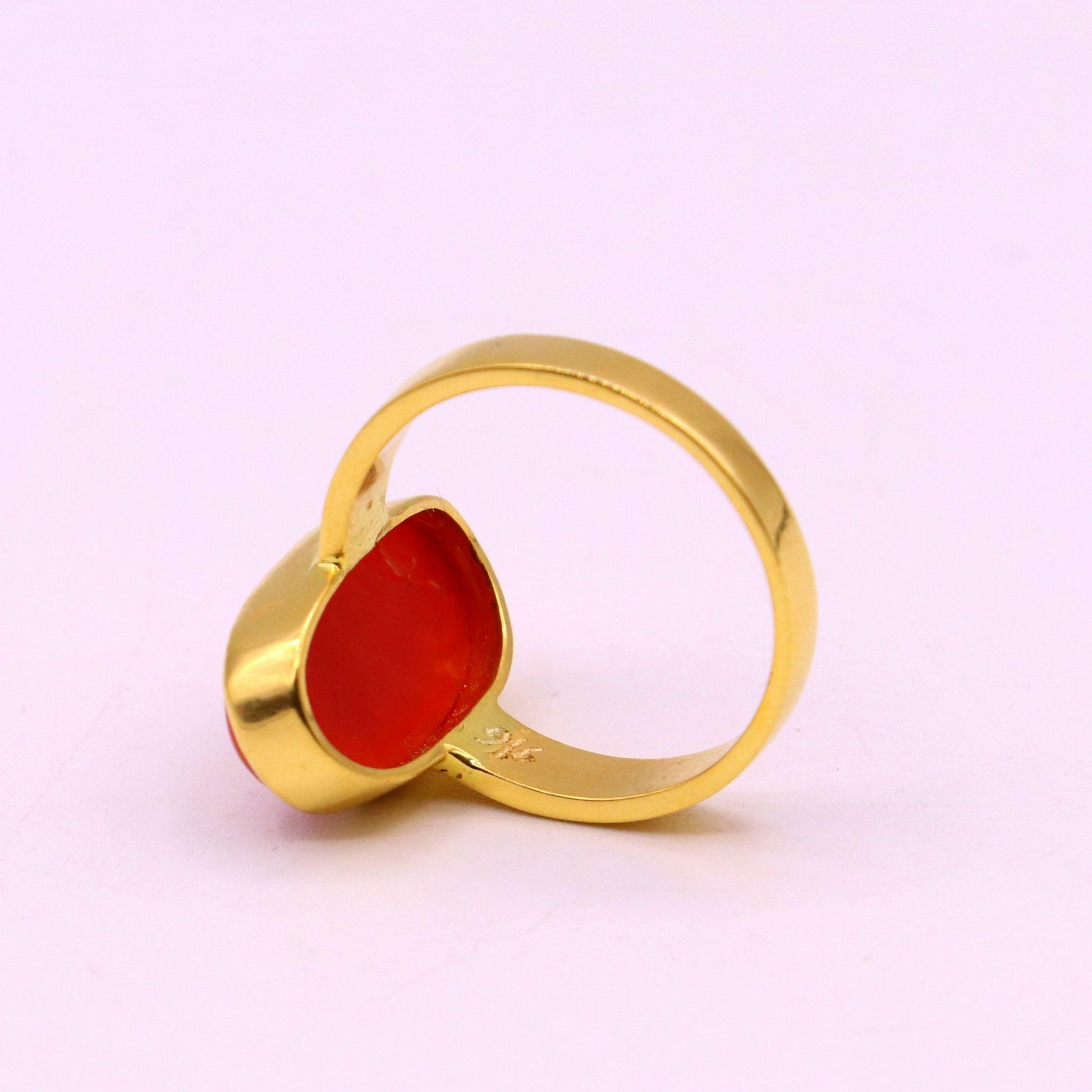 22karat yellow gold handmade real red coral stone unisex ring fabulous band from rajasthan india - TRIBAL ORNAMENTS