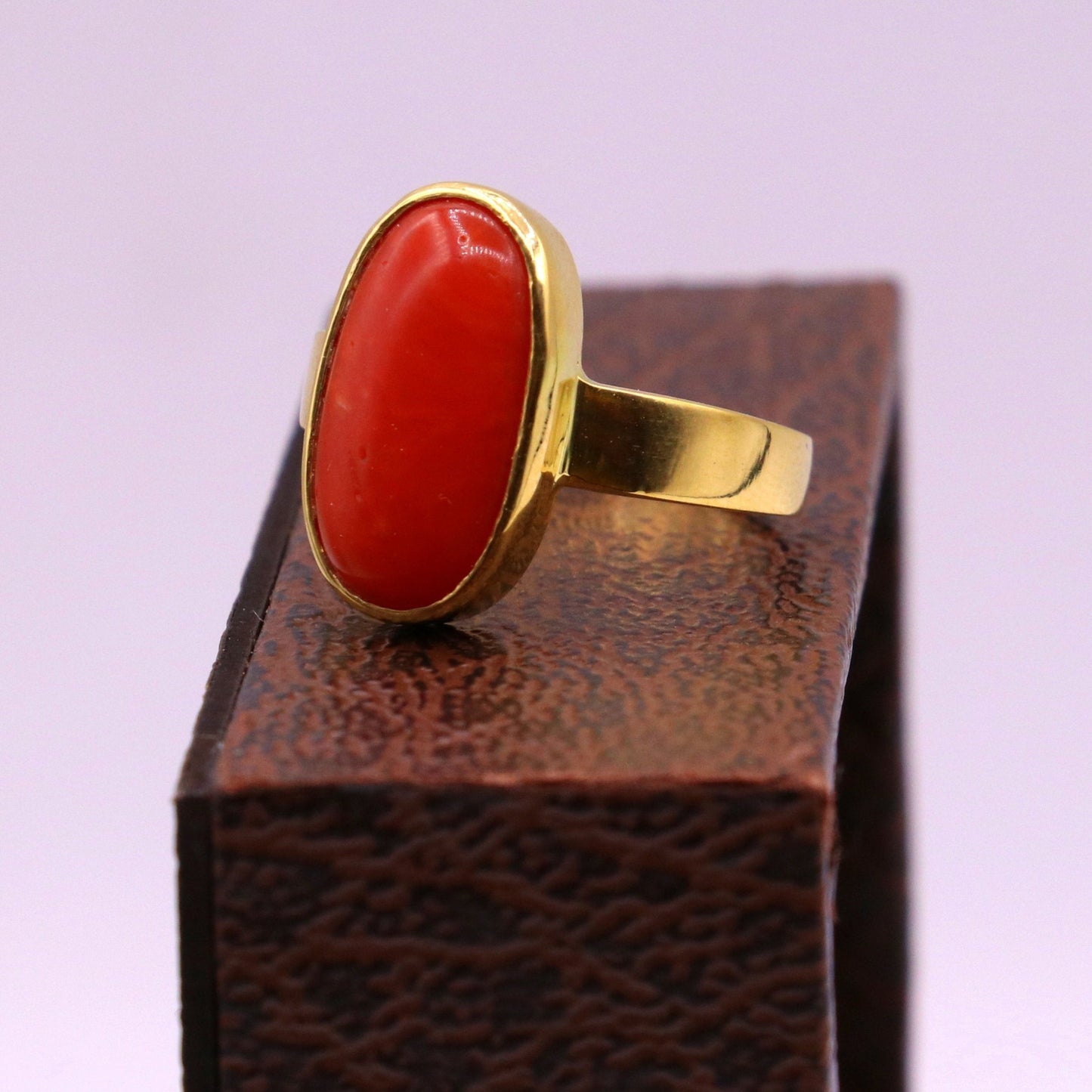 22karat yellow gold handmade real red coral stone unisex ring fabulous band from rajasthan india - TRIBAL ORNAMENTS
