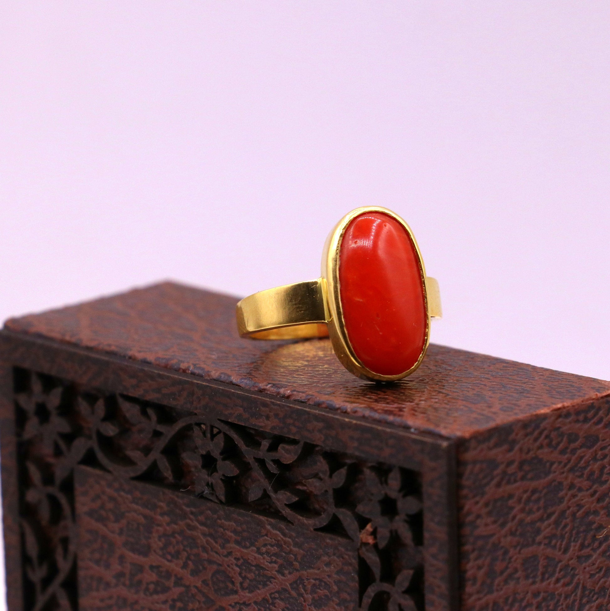 22karat yellow gold handmade real red coral stone unisex ring fabulous band from rajasthan india - TRIBAL ORNAMENTS