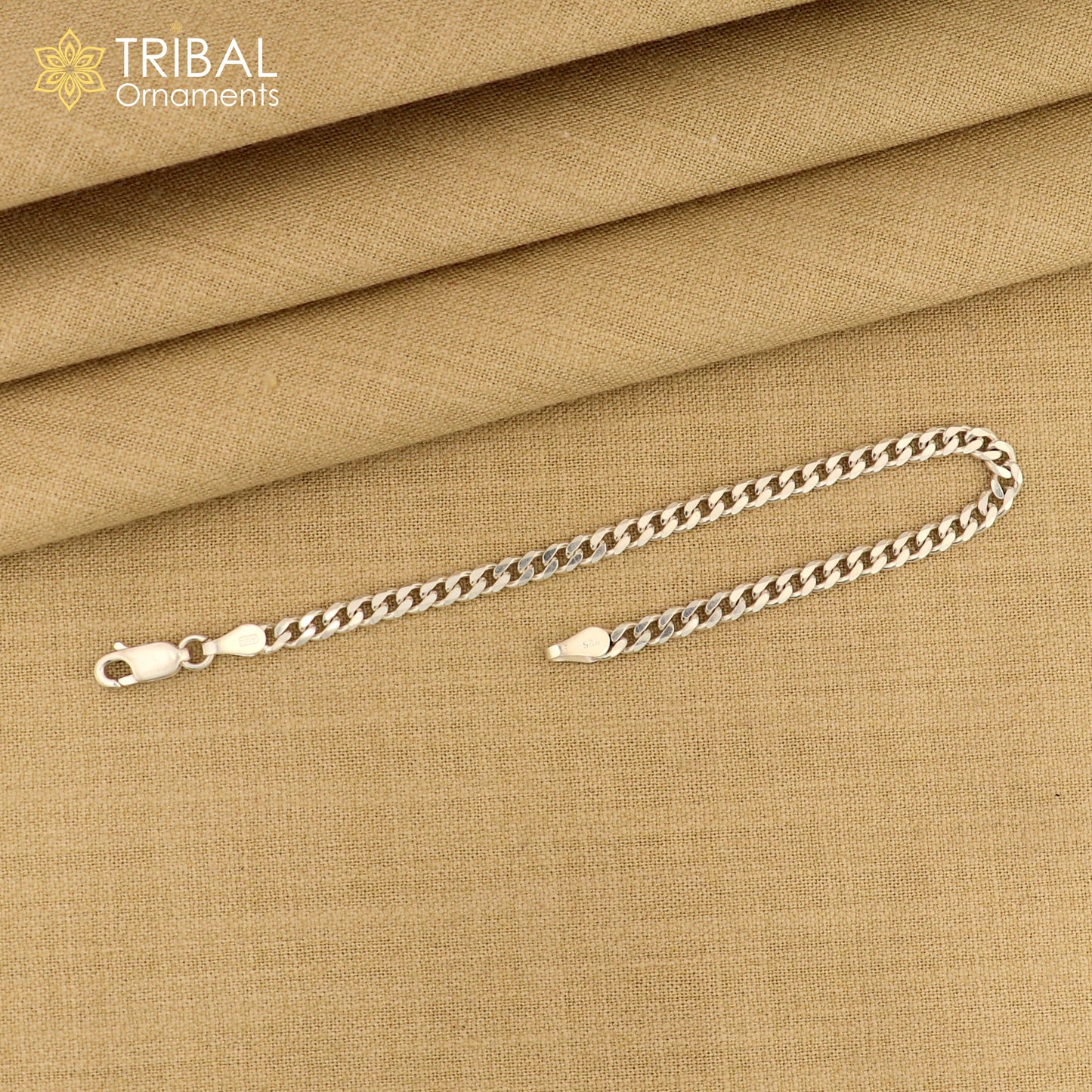 3mm 925 sterling silver flat chain bracelet by Tribal Ornaments, showcasing a flexible unisex jewelry design with a smooth finish.