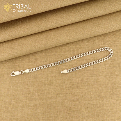 3mm 925 sterling silver flat chain bracelet by Tribal Ornaments, showcasing a flexible unisex jewelry design with a smooth finish.