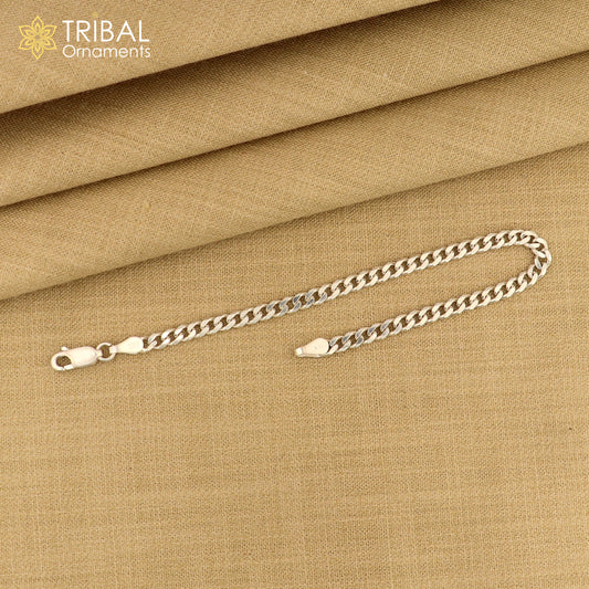 3mm 925 sterling silver flat chain bracelet by Tribal Ornaments, showcasing a flexible unisex jewelry design with a smooth finish.