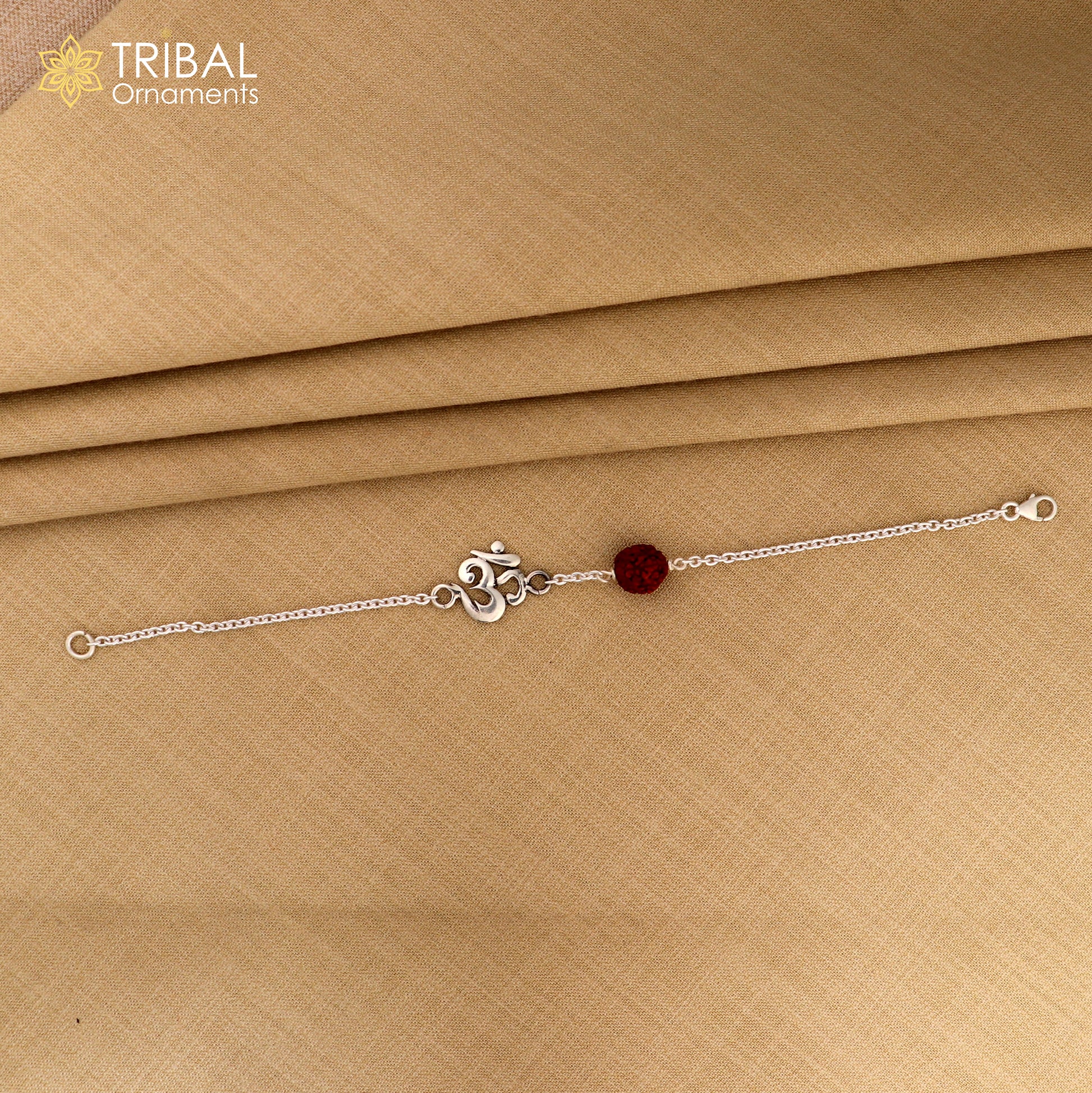 Tribal Ornaments Aum/Om design Rudraksha silver bracelet, unisex 925 Sterling silver chain jewelry, 6.5-inch size.