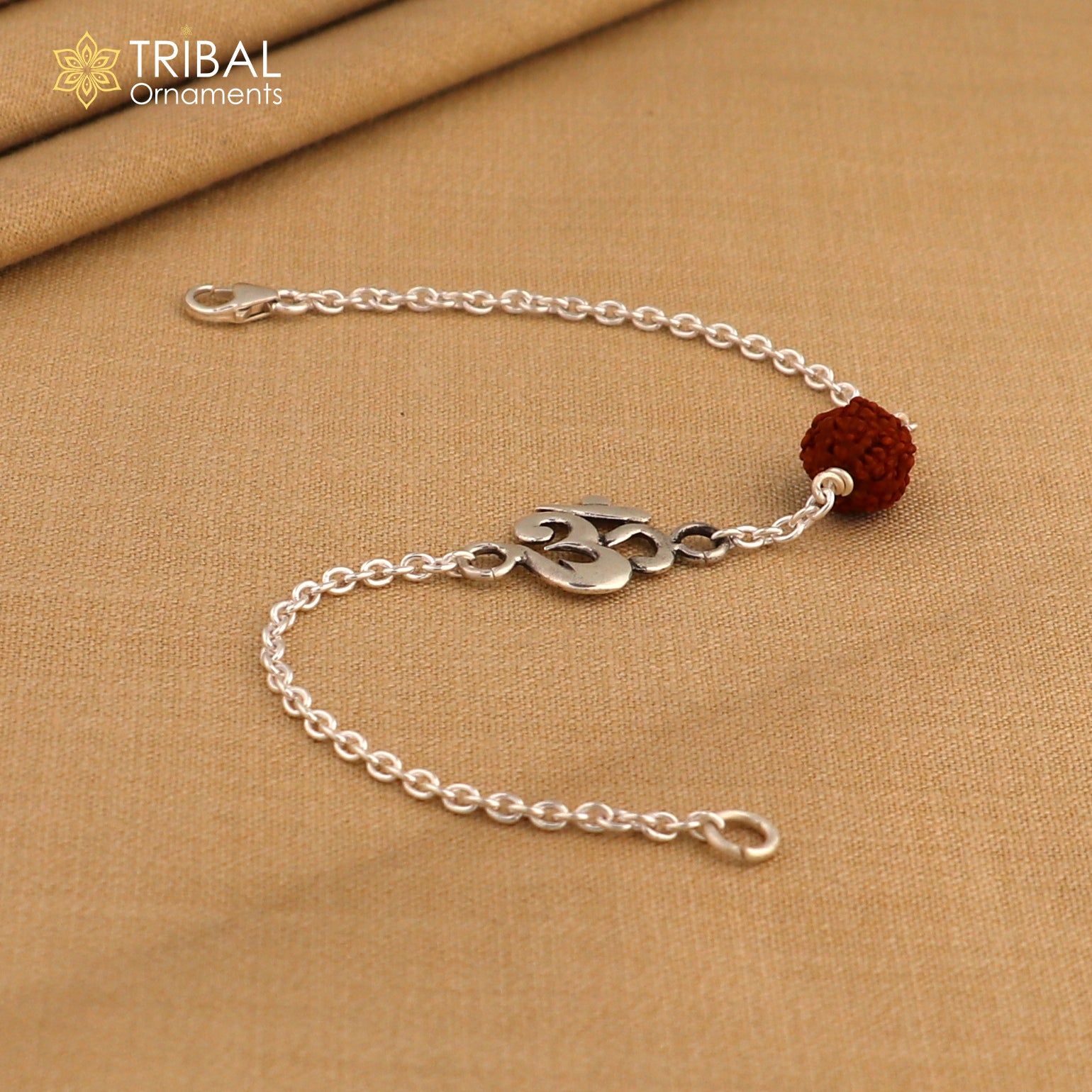 Unisex silver bracelet with Aum/Om design, Rudraksha beads, 925 sterling silver chain jewelry by Tribal Ornaments.