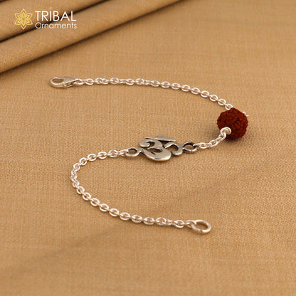Unisex silver bracelet with Aum/Om design, Rudraksha beads, 925 sterling silver chain jewelry by Tribal Ornaments.