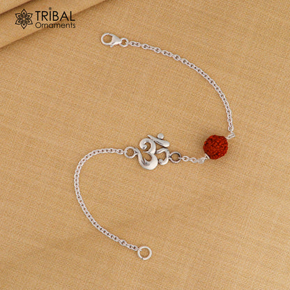 Unisex silver bracelet with Aum/Om design and Rudraksha beads, crafted from 925 sterling silver, featuring a chain style jewelry piece.