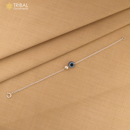 Unisex silver bracelet with evil eye charm, 925 Sterling silver chain jewelry, tribal ornaments design, 6.5-inch length