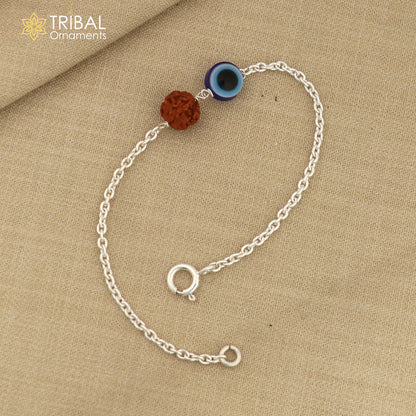 Unisex 925 sterling silver evil eye bracelet with rudraksha beads, tribal-inspired chain jewelry by TRIBAL ORNAMENTS