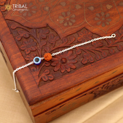 Unisex 925 sterling silver evil eye bracelet with Rudraksha beads, tribal-inspired chain jewelry by TRIBAL ORNAMENTS.