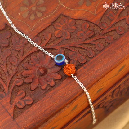 Unisex 925 sterling silver evil eye bracelet with Rudraksha beads, tribal-inspired chain jewelry by TRIBAL ORNAMENTS.