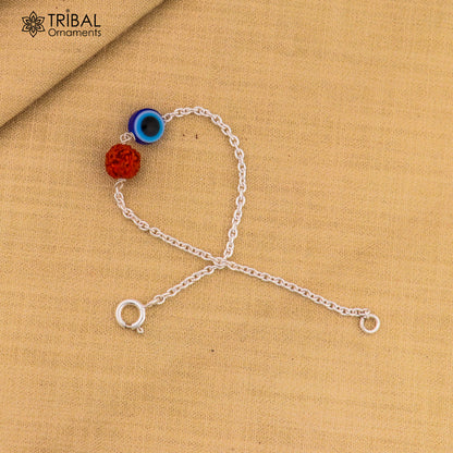 925 Sterling silver Evil Eye and Rudraksha unisex chain bracelet by Tribal Ornaments, featuring intricate silver jewelry design.