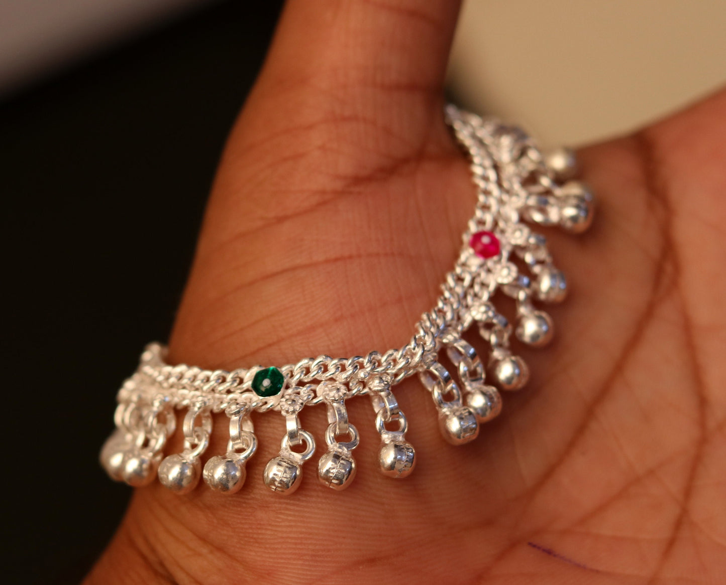 6.5" Sterling silver handmade baby anklet charm ankle bracelet gorgeous unisex kids foot bracelet belly dance jewelry from india ank172 - TRIBAL ORNAMENTS